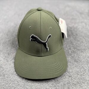 NWT PUMA Stretch Fit Adult Baseball Cap Hat OD Green Size S/M Black Logo